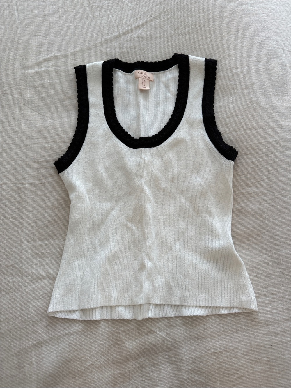 Camila Coelho White Knit Tank with Black Scallop Trim